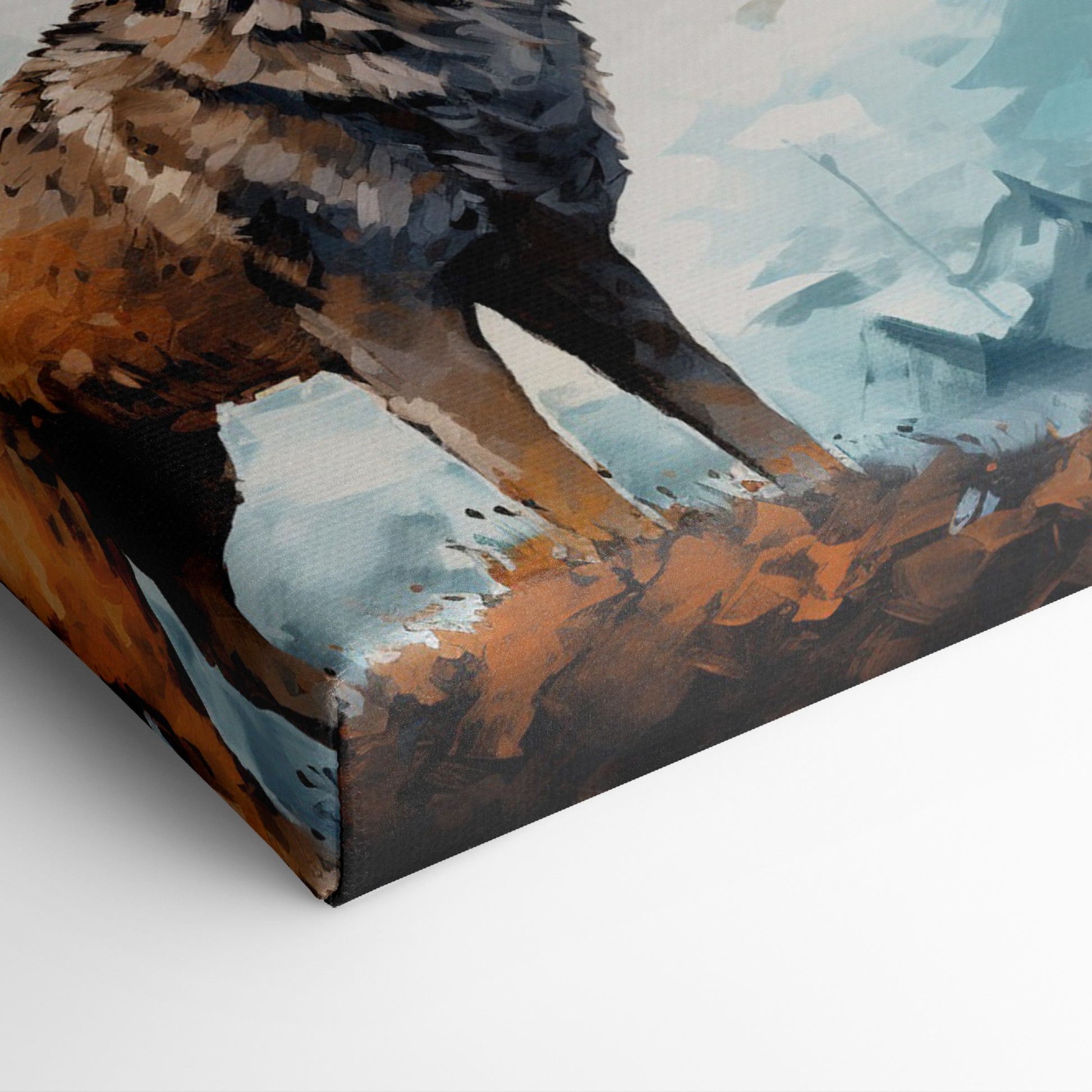 Framed canvas print of a wolf howling in an abstract forest setting