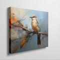 Framed canvas print of a vibrant impressionistic bird perched on a branch with abstract autumn background