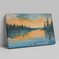 Framed canvas print of a tranquil watercolour landscape with serene reflection and warm sunset tones