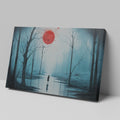 Framed canvas print of a mysterious blue forest with a vibrant red moon and a lone silhouette reflected on the water