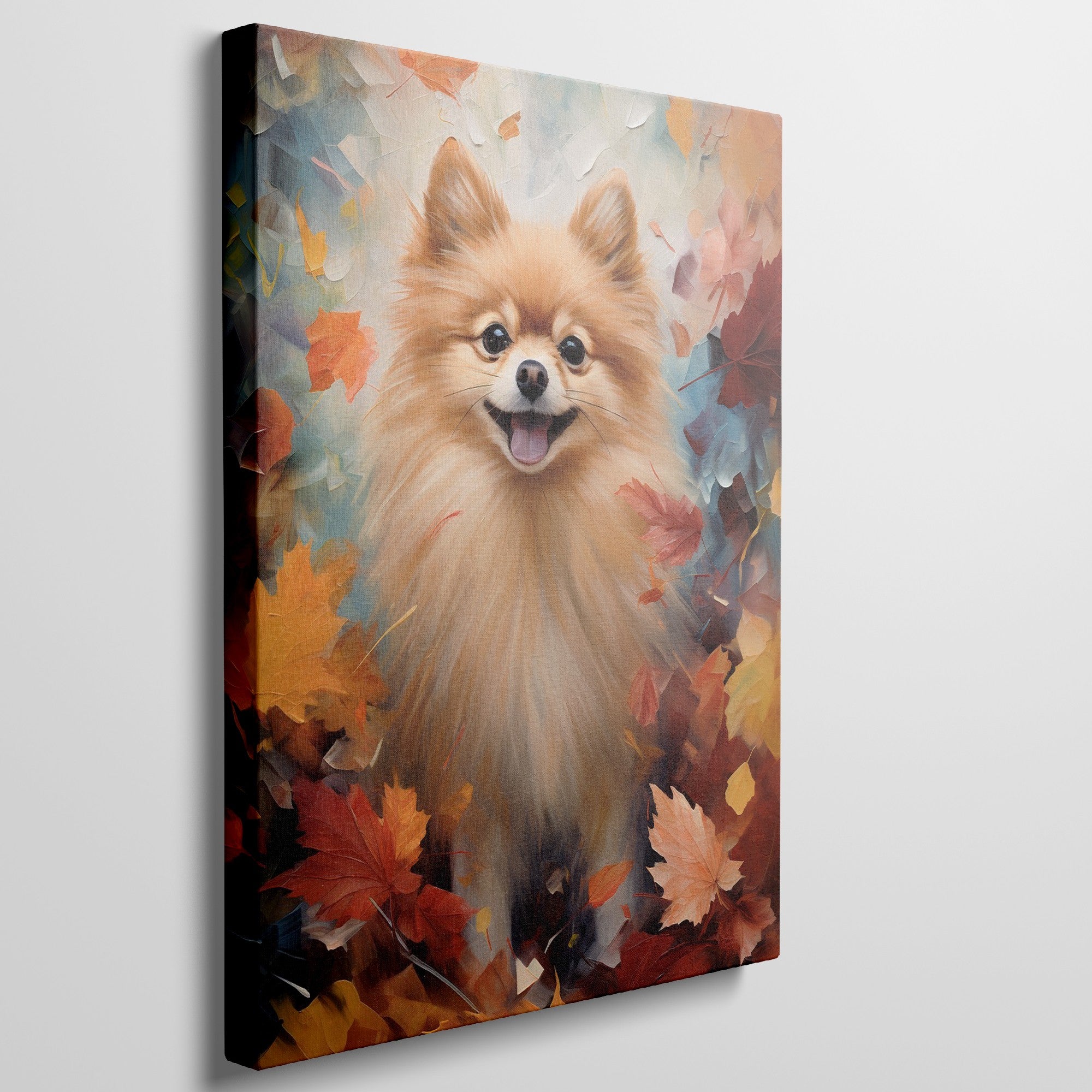 Framed canvas print of a cheerful Pomeranian amidst a vibrant display of autumn leaves