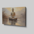 Framed canvas print of a meditative Buddha against a calming sunset and reflective water