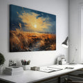 Framed canvas print of a rustic sunset with tall grasses and birds against a dramatic sky