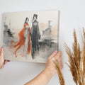 Framed canvas print of elegant ancient Chinese figures in watercolour