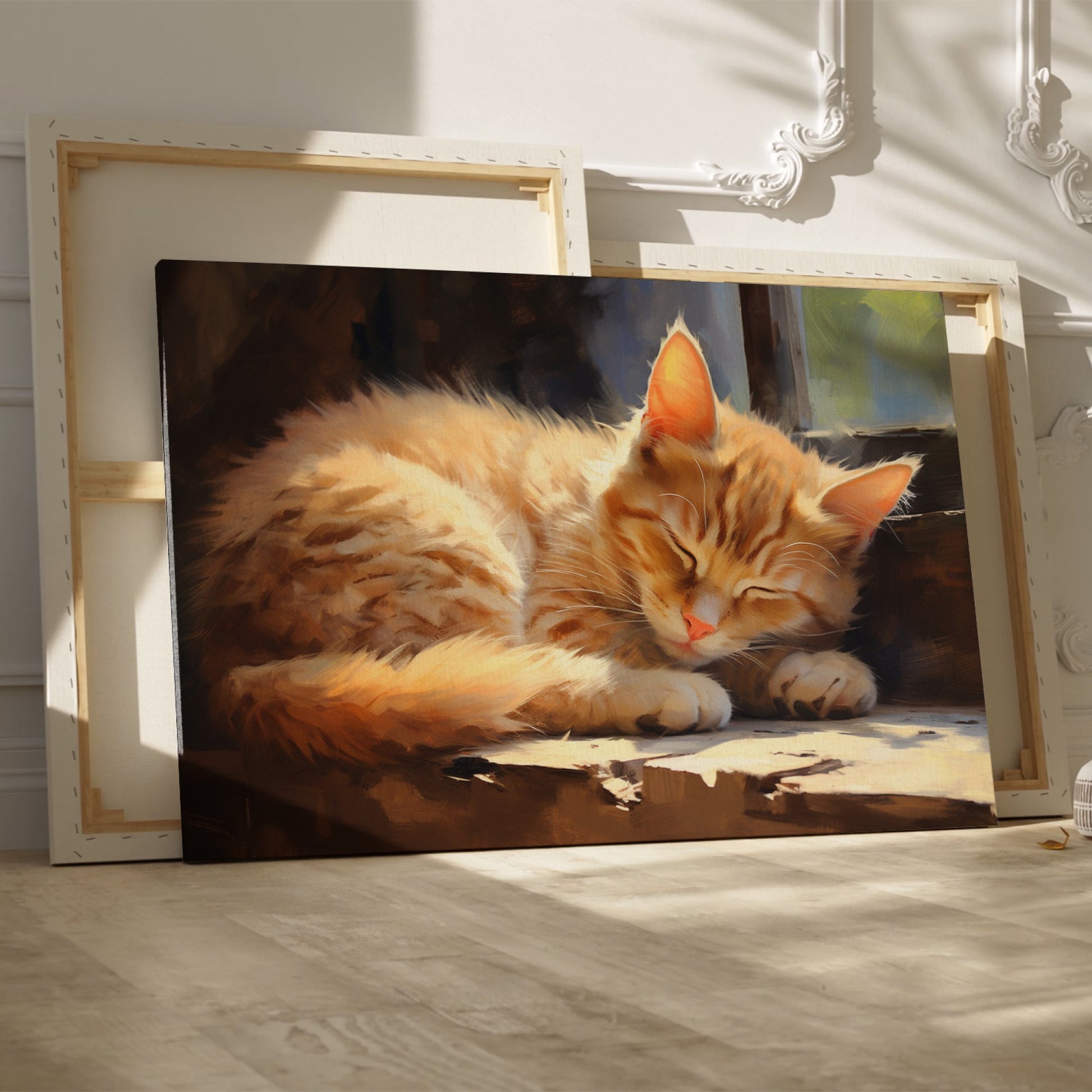 Framed canvas print of a realistic sleeping tabby cat in warm, sunlit tones