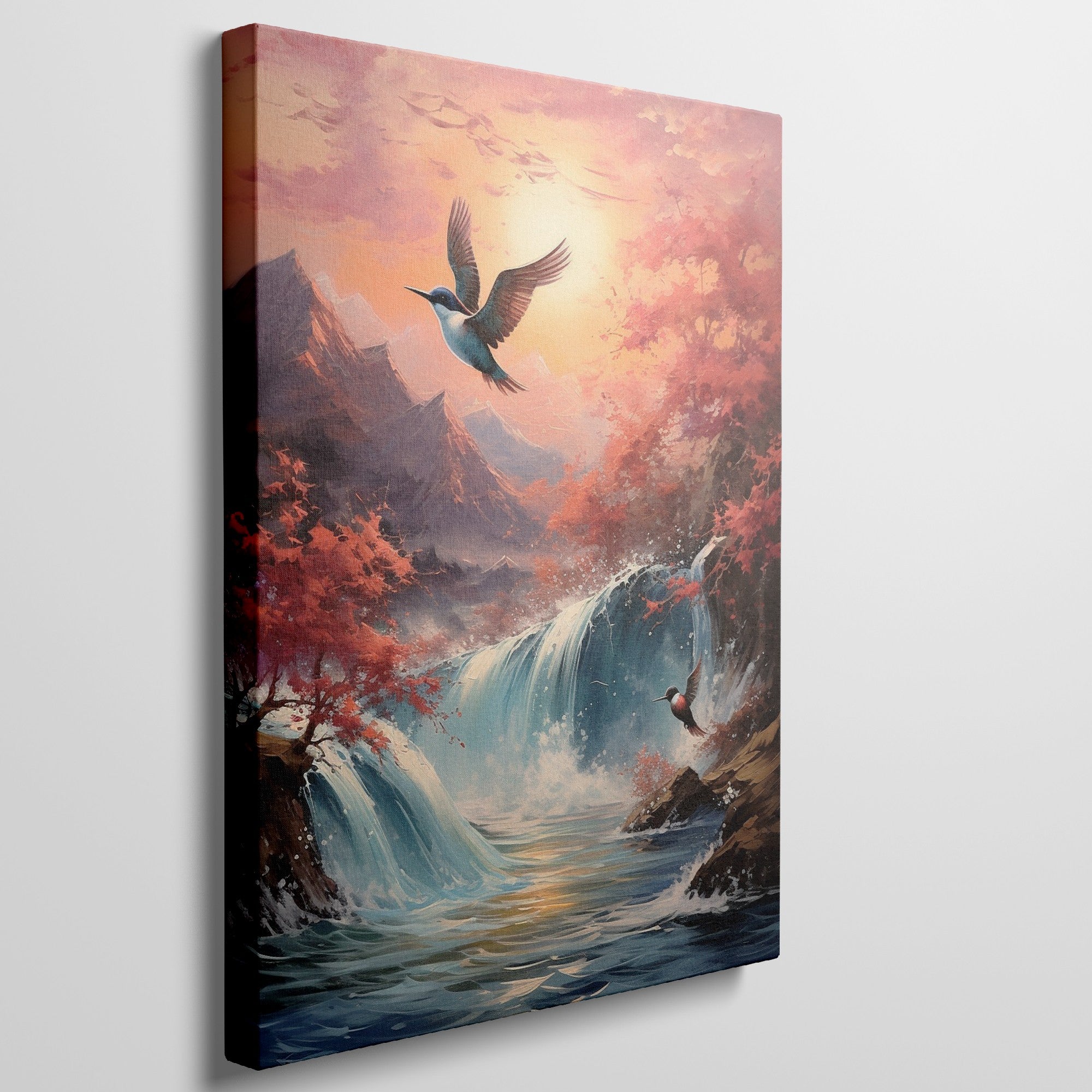 Framed canvas print of a waterfall and autumn trees with birds in flight against a sunset