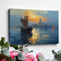 Impressionist Canvas Print of a Sailing Ship at Sunset with Golden and Blue Hues