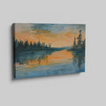 Framed canvas print of a tranquil watercolour landscape with serene reflection and warm sunset tones