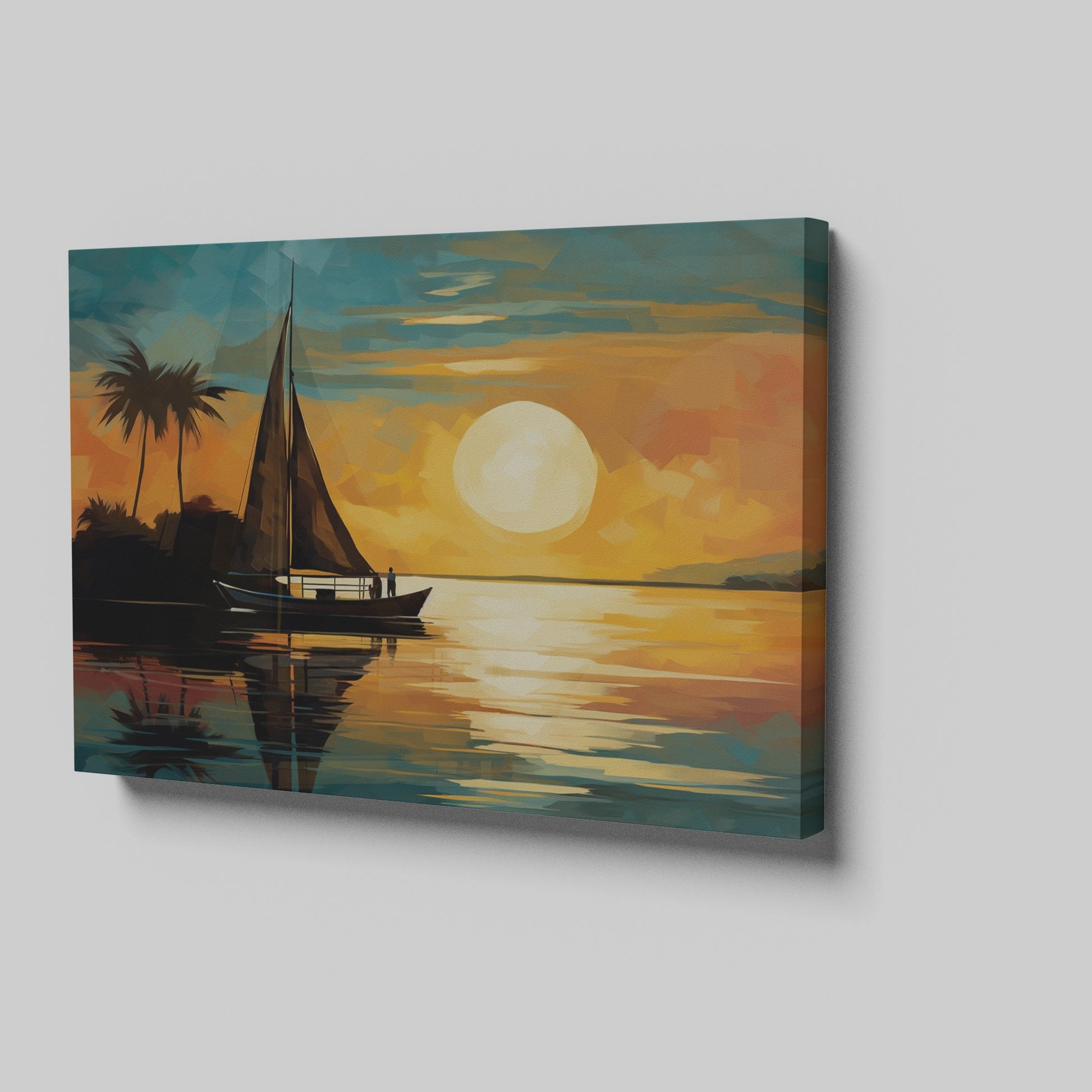 Abstract tropical sunset with a silhouetted sailboat at sea under a large sun with palm trees and calm water reflections.