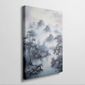 Framed canvas print of traditional Chinese landscape with misty mountains, pine trees, and lake