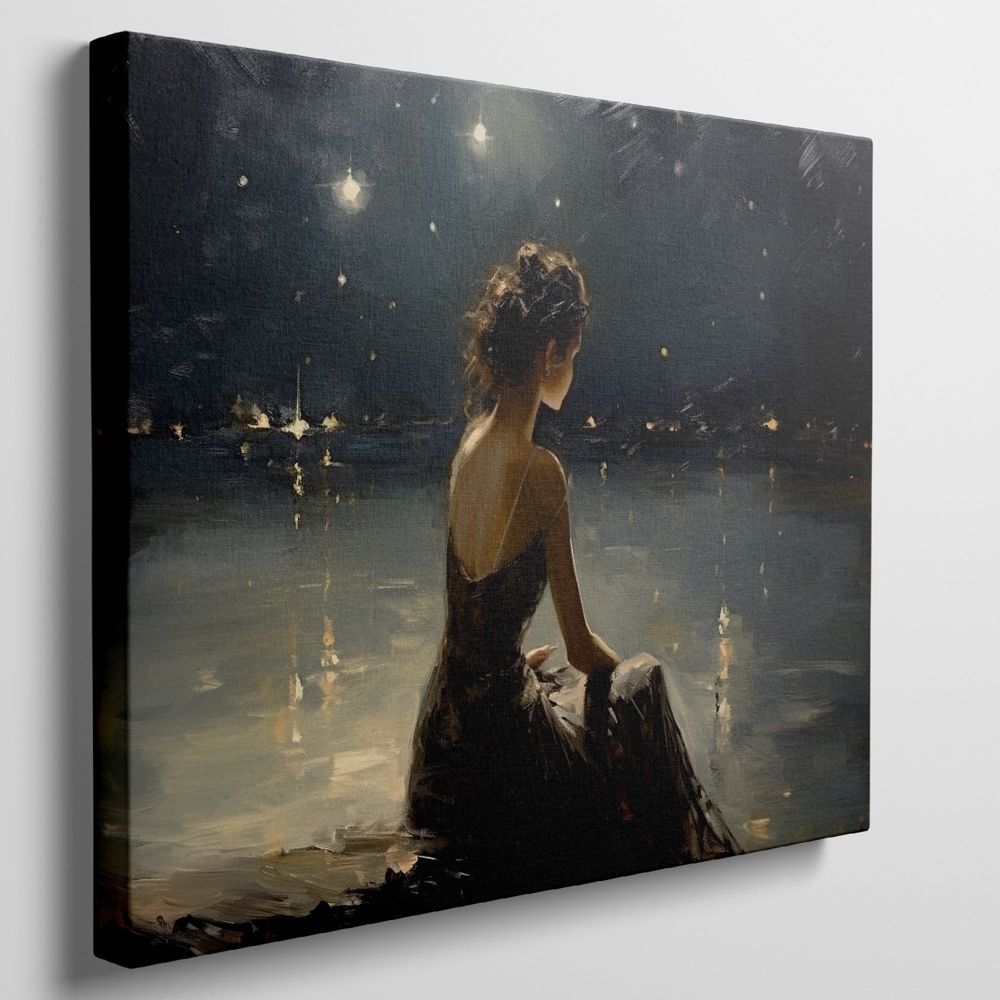 Framed canvas print of a woman in an evening dress admiring the reflective waters on a tranquil night