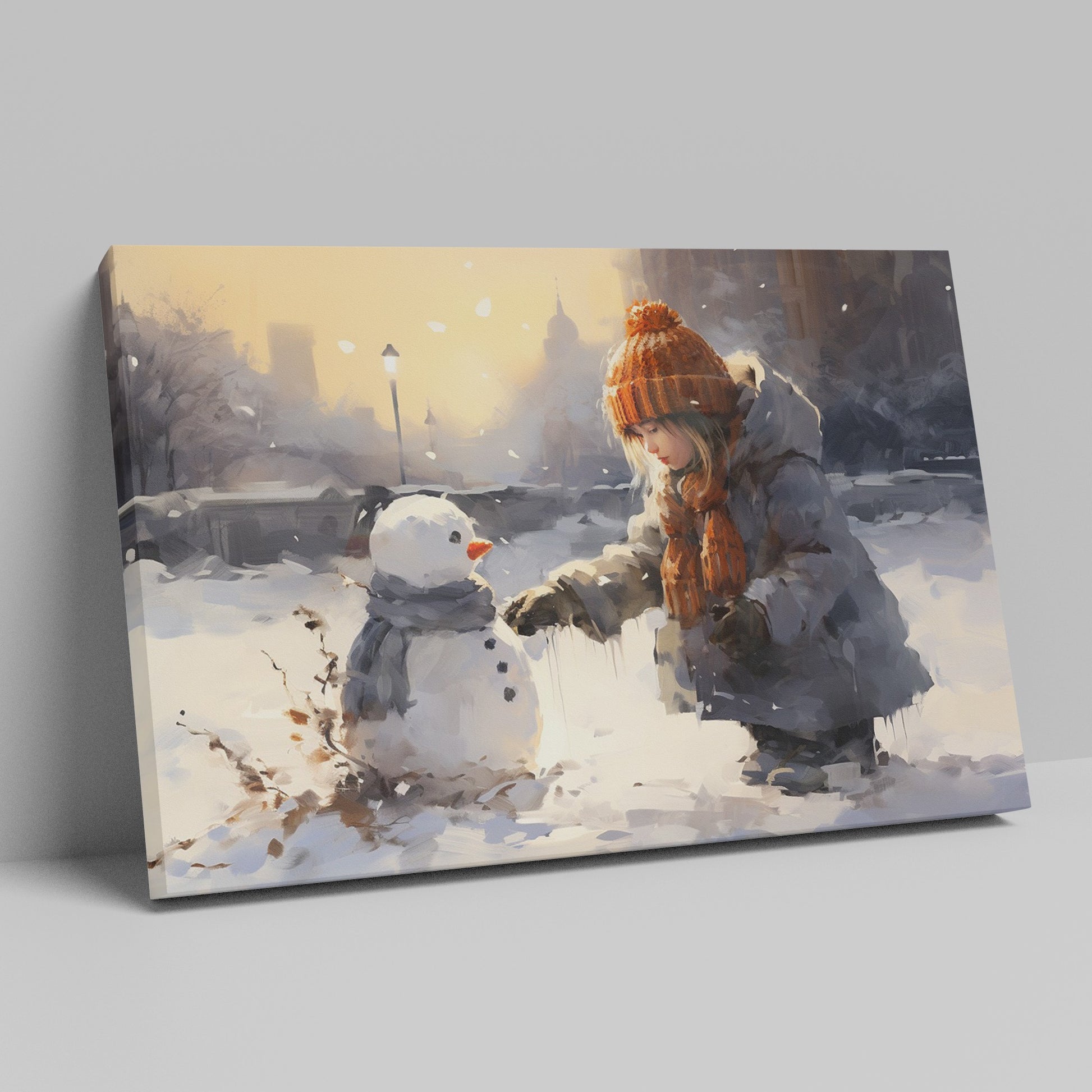 Framed canvas print of a child building a snowman in a snowy urban park during golden hour