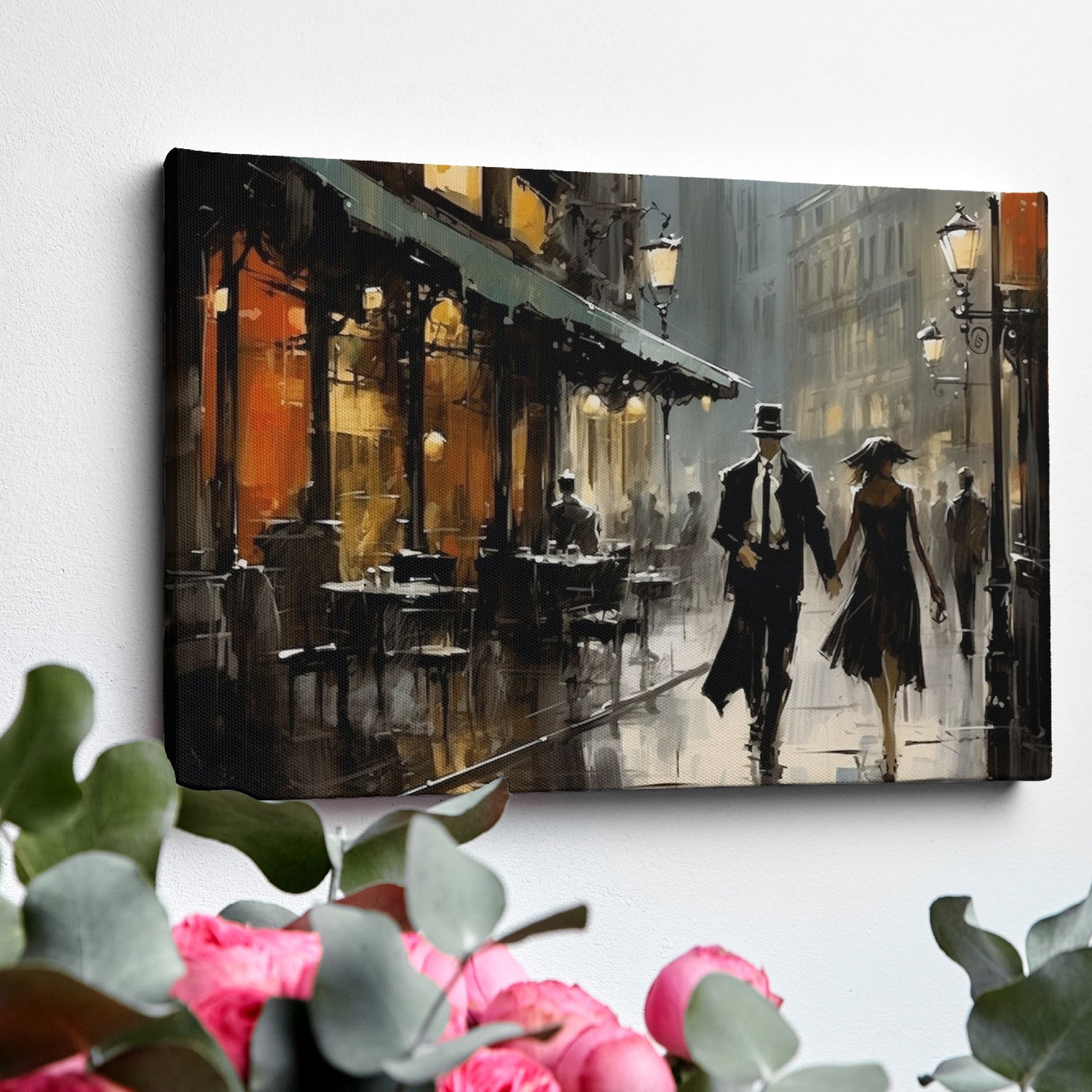 Framed canvas print of a romantic couple on a rainy evening stroll in a vintage style cityscape