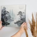 Framed canvas print of Oriental ink wash painting with misty mountains and pagoda