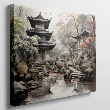 Framed canvas print of a tranquil traditional Asian landscape with a Japanese pagoda and garden