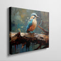 Framed canvas print of a vibrant kingfisher with abstract brushwork and warm colour palette