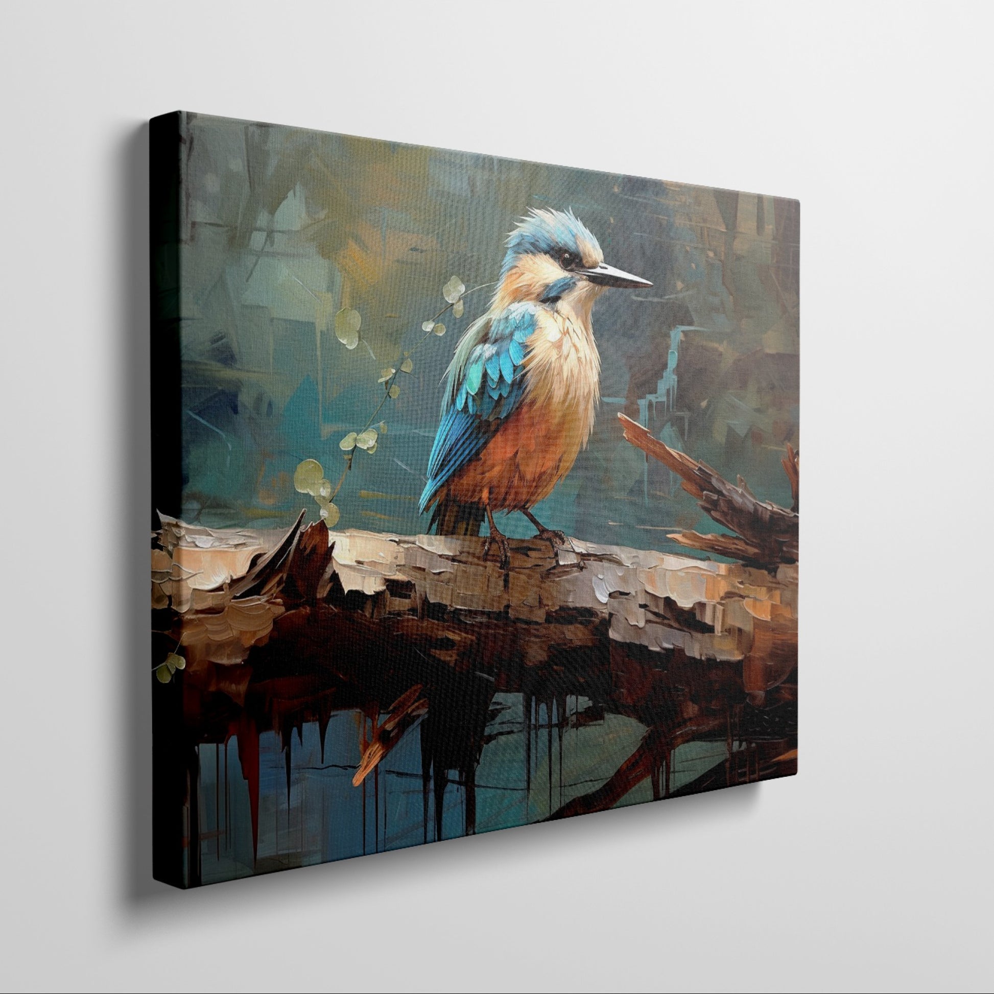 Framed canvas print of a vibrant kingfisher with abstract brushwork and warm colour palette