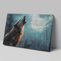 Framed canvas print of a majestic wolf howling in a mystical forest with striking blue and black tones