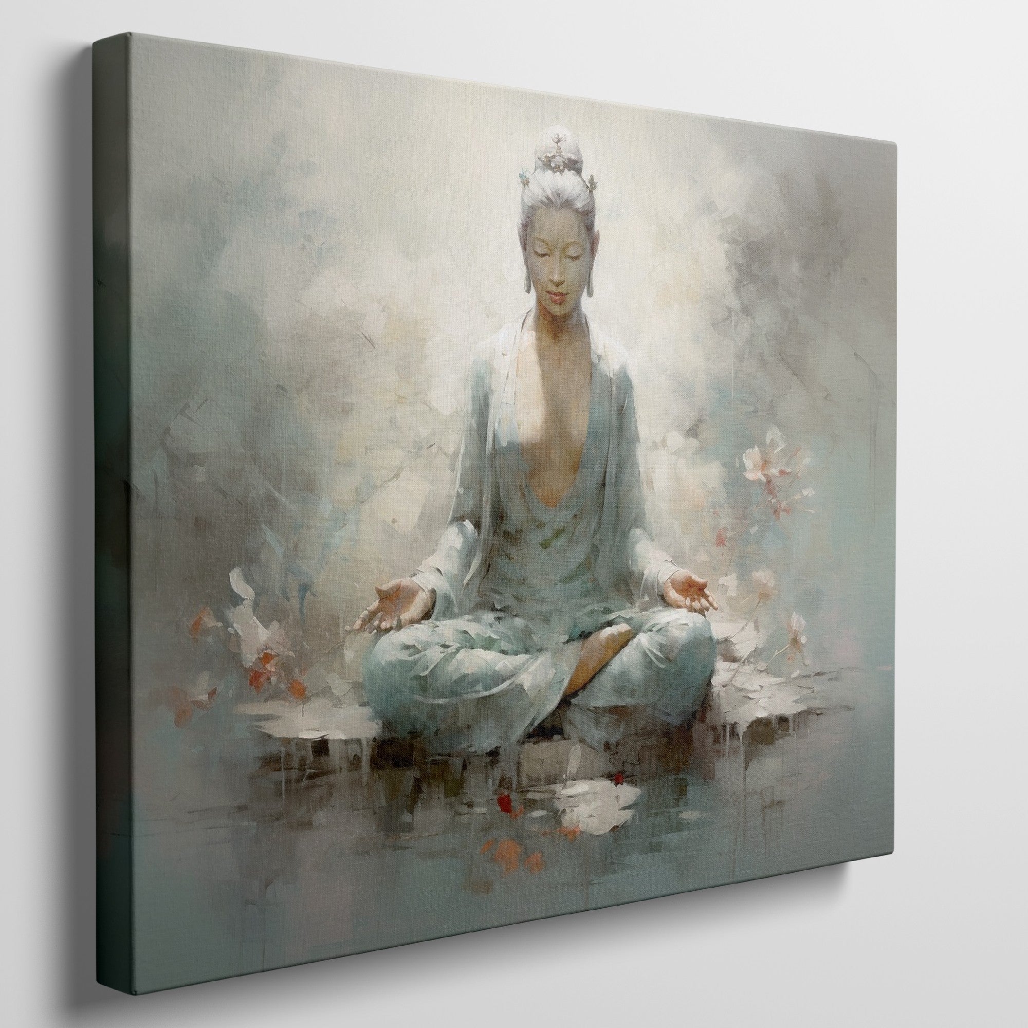 Framed canvas print of a meditative figure in serene surroundings with pastel colours