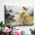 Framed canvas print of an elegant woman in traditional Oriental clothing with a landscape