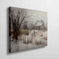 Framed canvas print of a rustic winter scene with a country home and an individual walking by