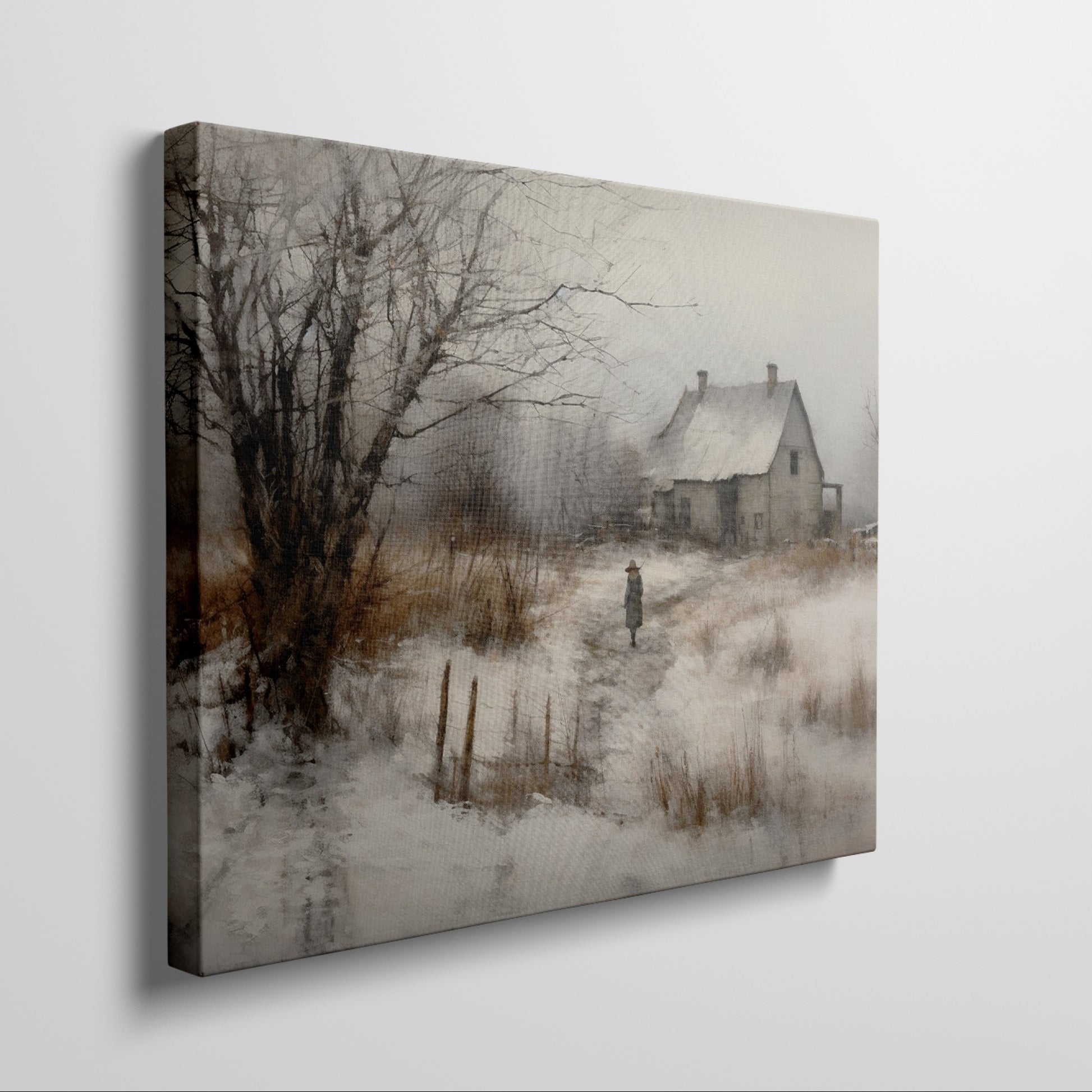 Framed canvas print of a rustic winter scene with a country home and an individual walking by