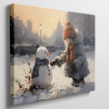 Framed canvas print of a child building a snowman in a snowy urban park during golden hour