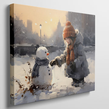 Framed canvas print of a child building a snowman in a snowy urban park during golden hour