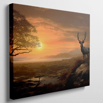 Framed canvas print of a majestic stag in a savanna sunset landscape with warm orange hues