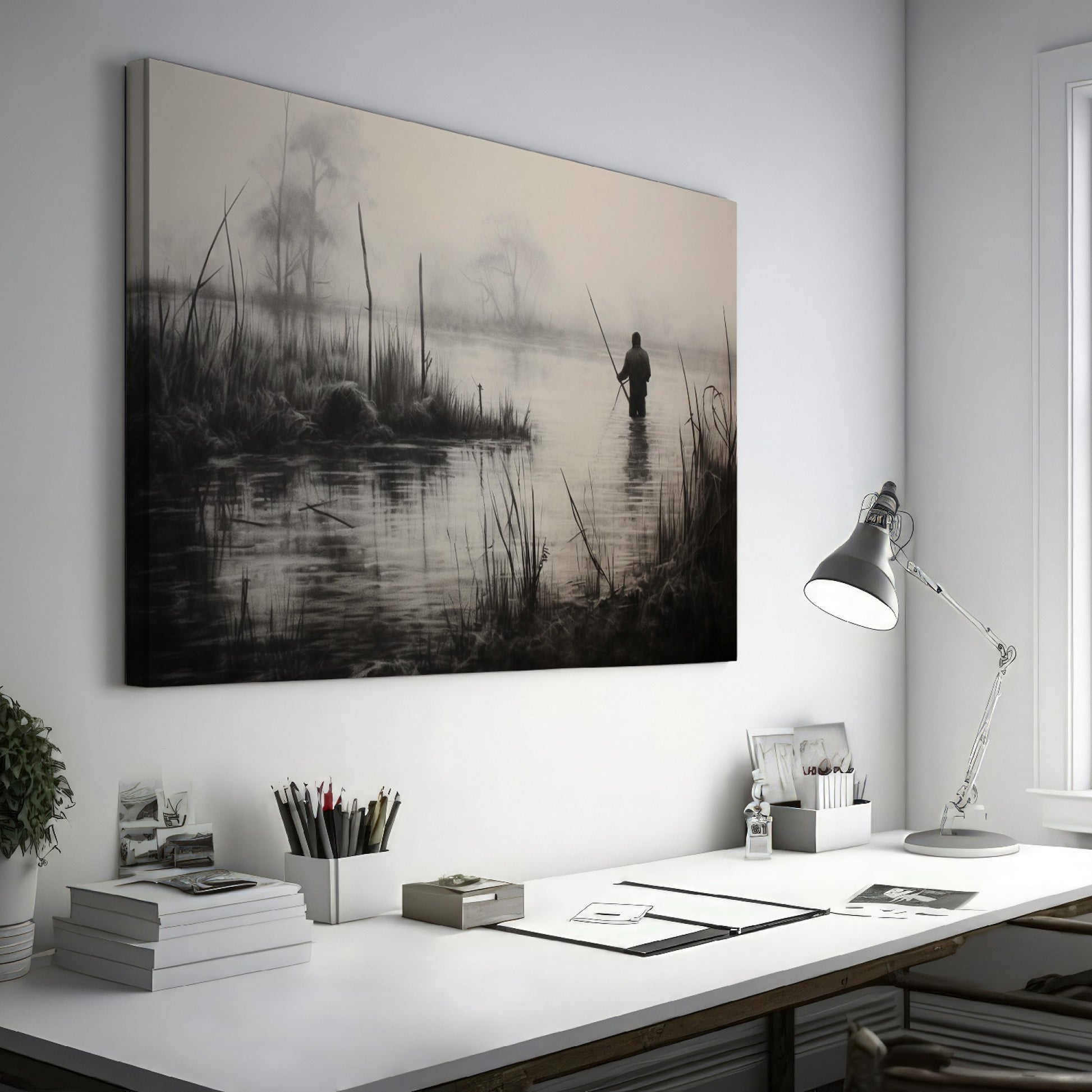 Framed canvas print of a fisherman in a foggy, monochrome lake landscape