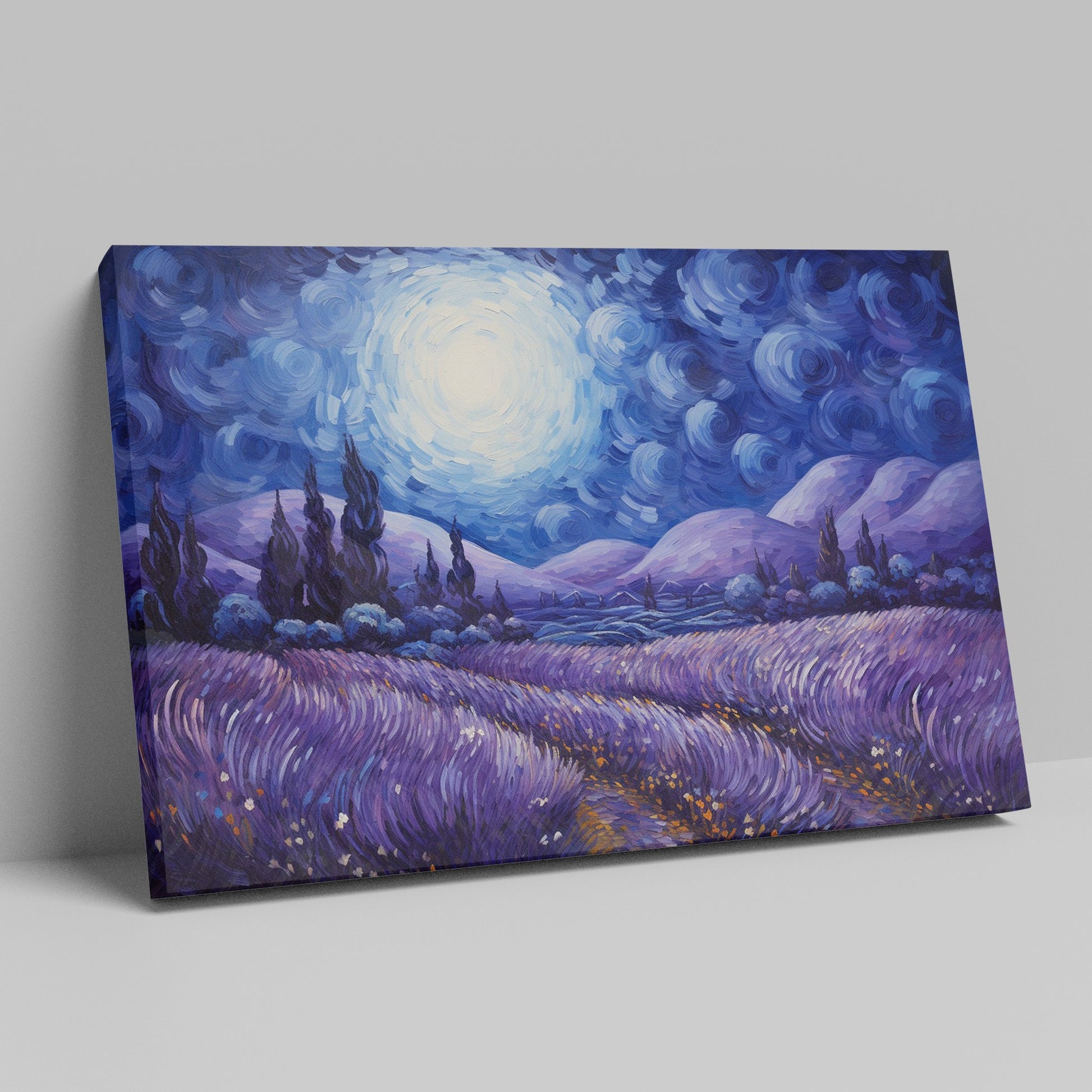 Framed canvas print of an impressionist-inspired landscape with lavender fields and swirling night sky