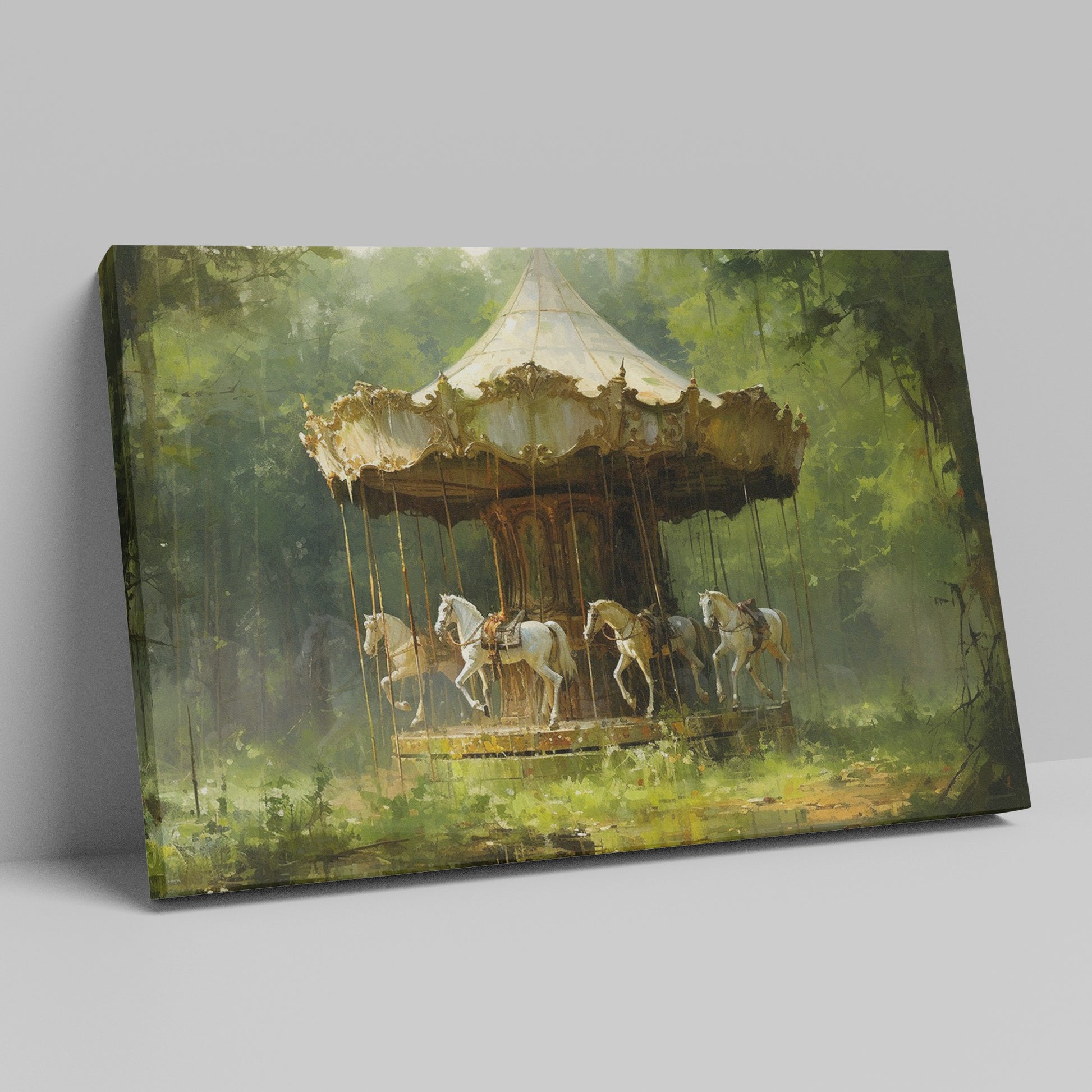 Framed canvas print of a vintage carousel in an enchanting forest setting with rich greenery and soft lighting