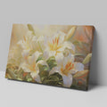 Framed canvas print of serene white lilies with a warm colour palette and lush greenery