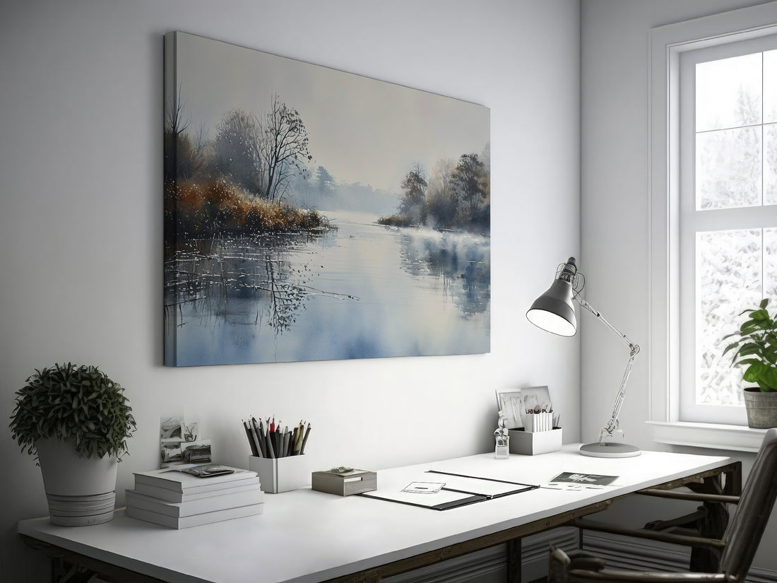 Framed canvas print of a misty river landscape with water reflections in cool tones