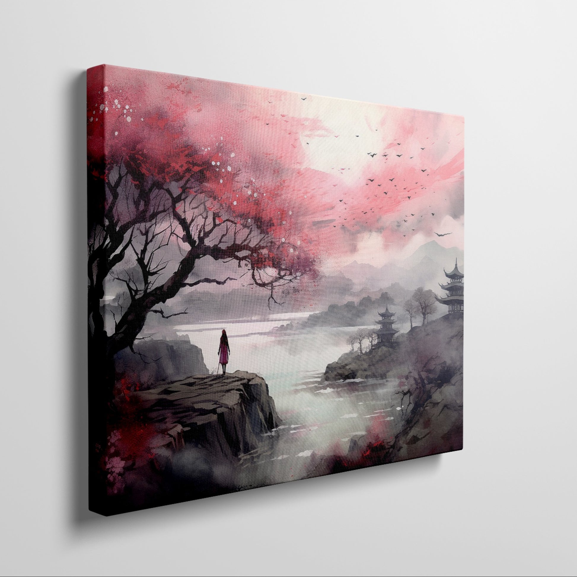 Framed canvas print of an oriental landscape with cherry blossoms, pagodas, and a silhouette of a person