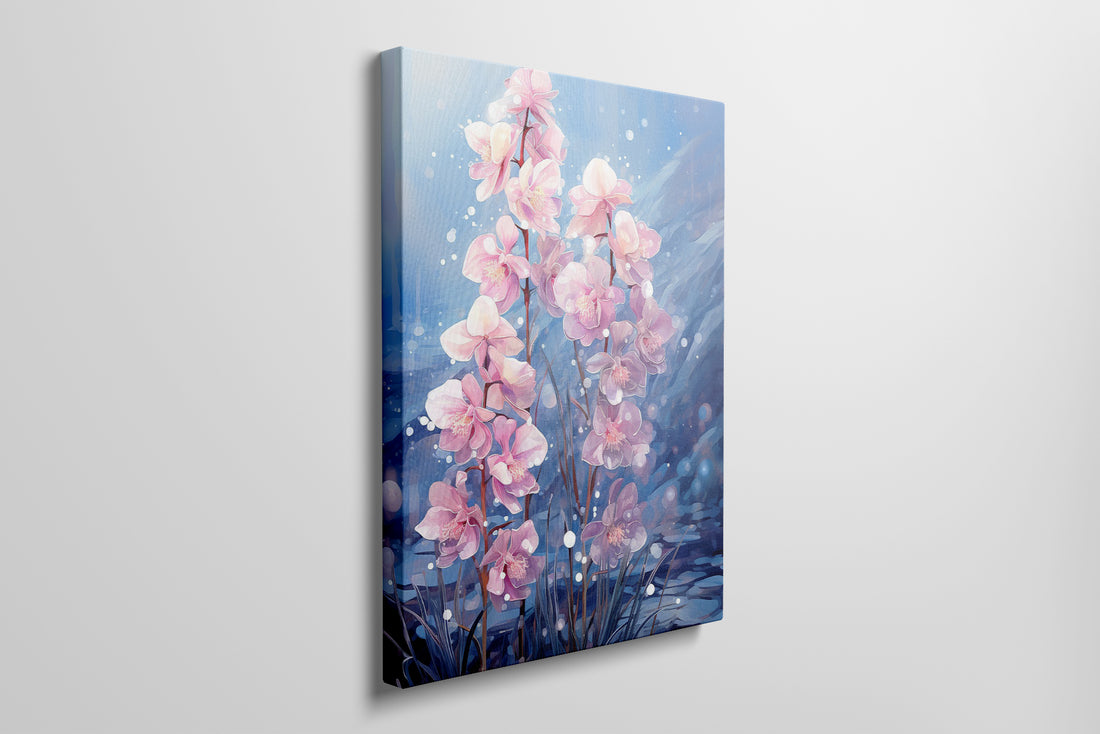 Framed canvas print of serene pink orchids with reflective water in an illustrative style