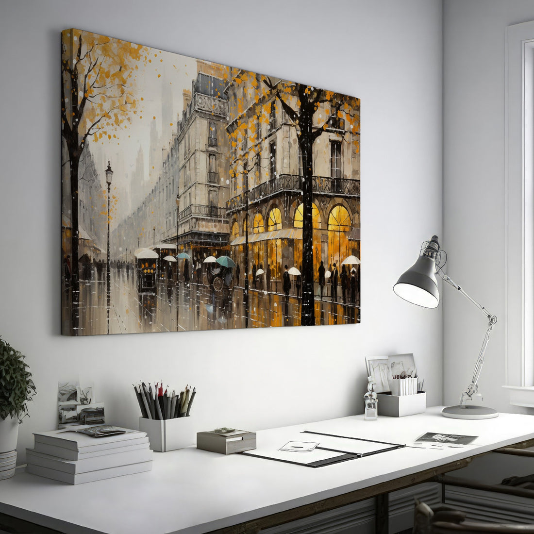 Framed canvas print of a Parisian streetscape with autumn leaves and rain