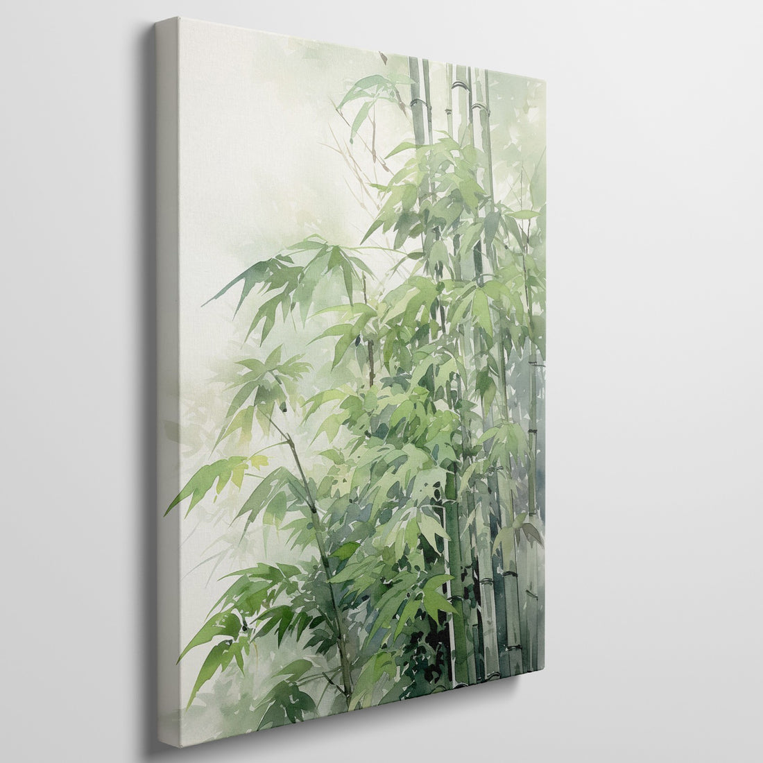 Framed canvas print of a tranquil watercolour depiction of bamboo surrounded by soft green hues