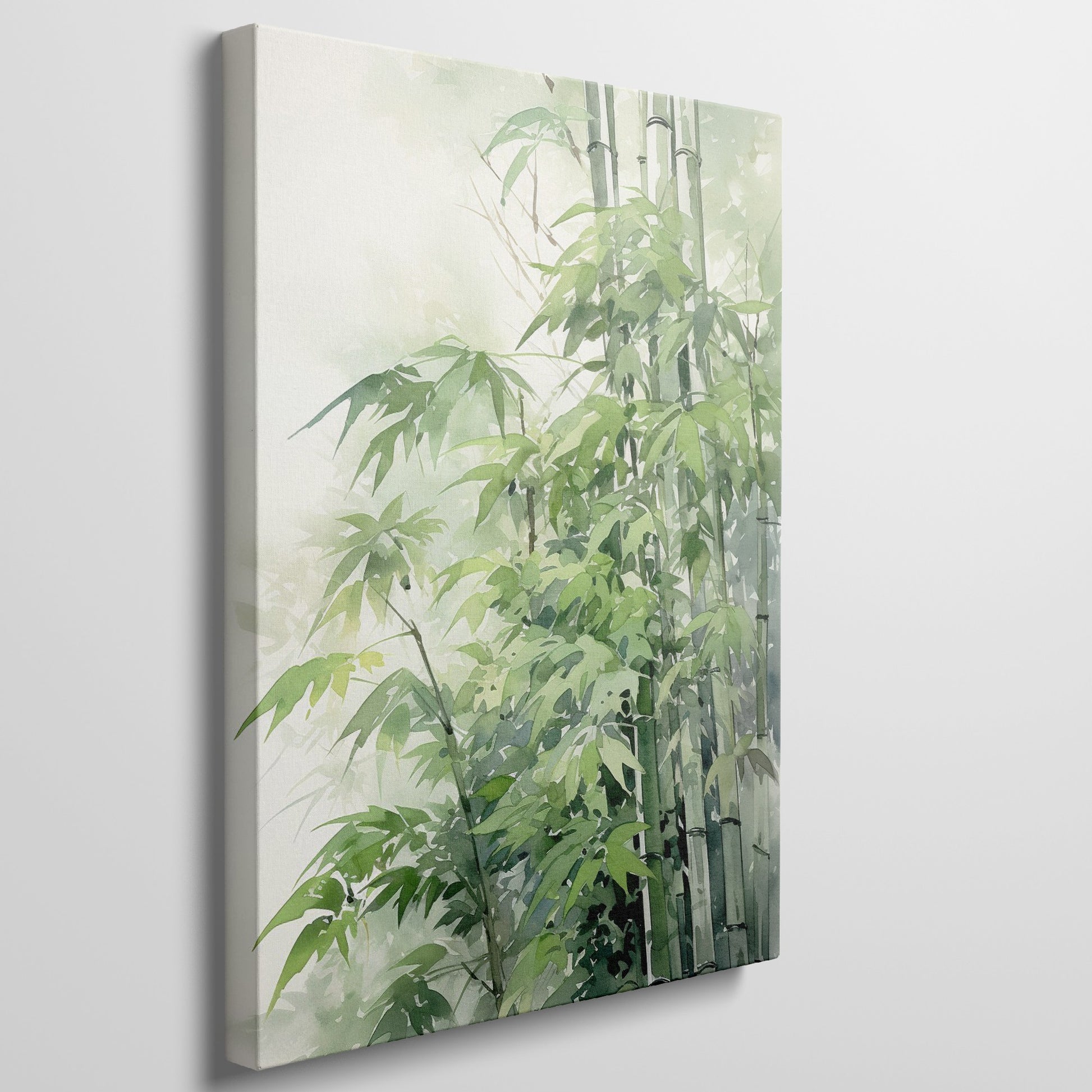 Framed canvas print of a tranquil watercolour depiction of bamboo surrounded by soft green hues