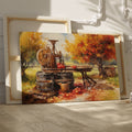 Framed canvas print of an autumn cider press scene with vibrant foliage and vintage farm elements