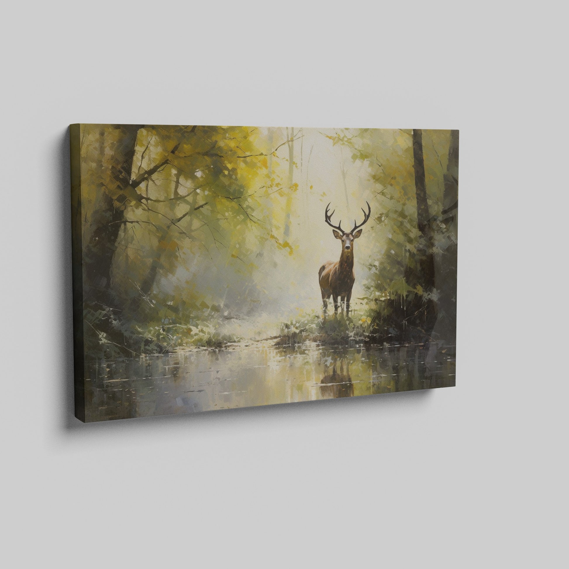 Impressionist painting of a stag by a water body amidst a yellow and brown autumn forest.