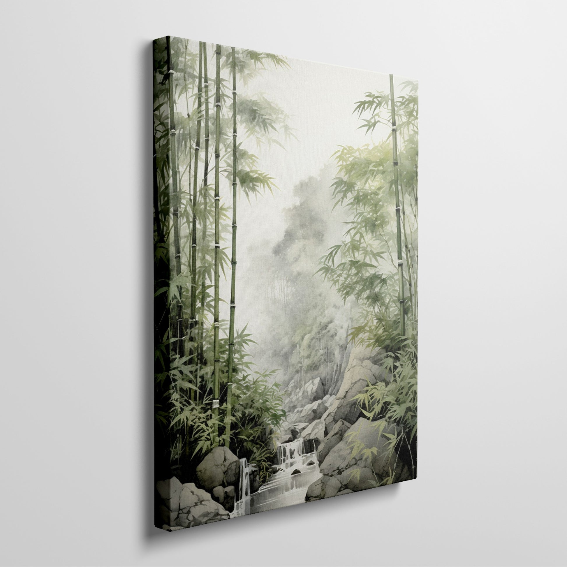 Framed canvas print of a misty bamboo forest with a gentle waterfall and rocks