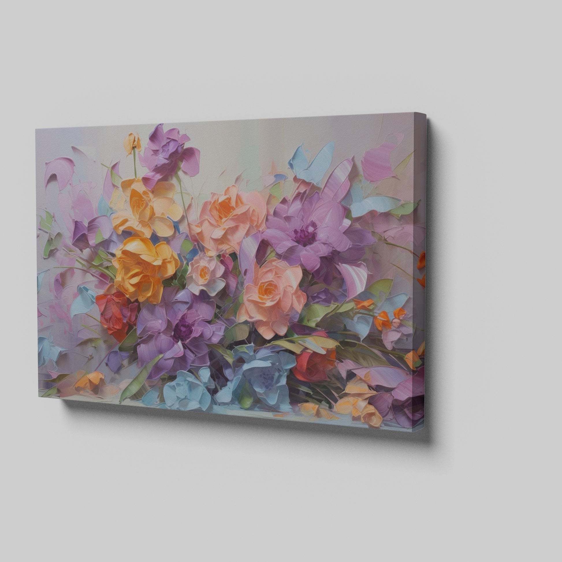 Framed canvas print of vibrant painted flowers, impressionist style with colourful bouquet