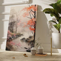 Framed canvas print of a misty forest stream with autumn cherry blossoms in pink and grey hues