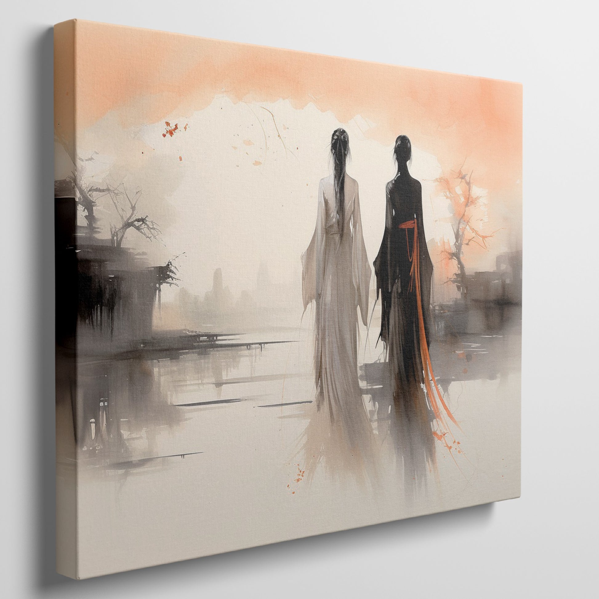 Framed canvas print of silhouette figures in traditional Asian attire with warm sunset backdrop in watercolor style