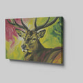 Framed canvas print of a vibrant stag painting with a multicoloured background