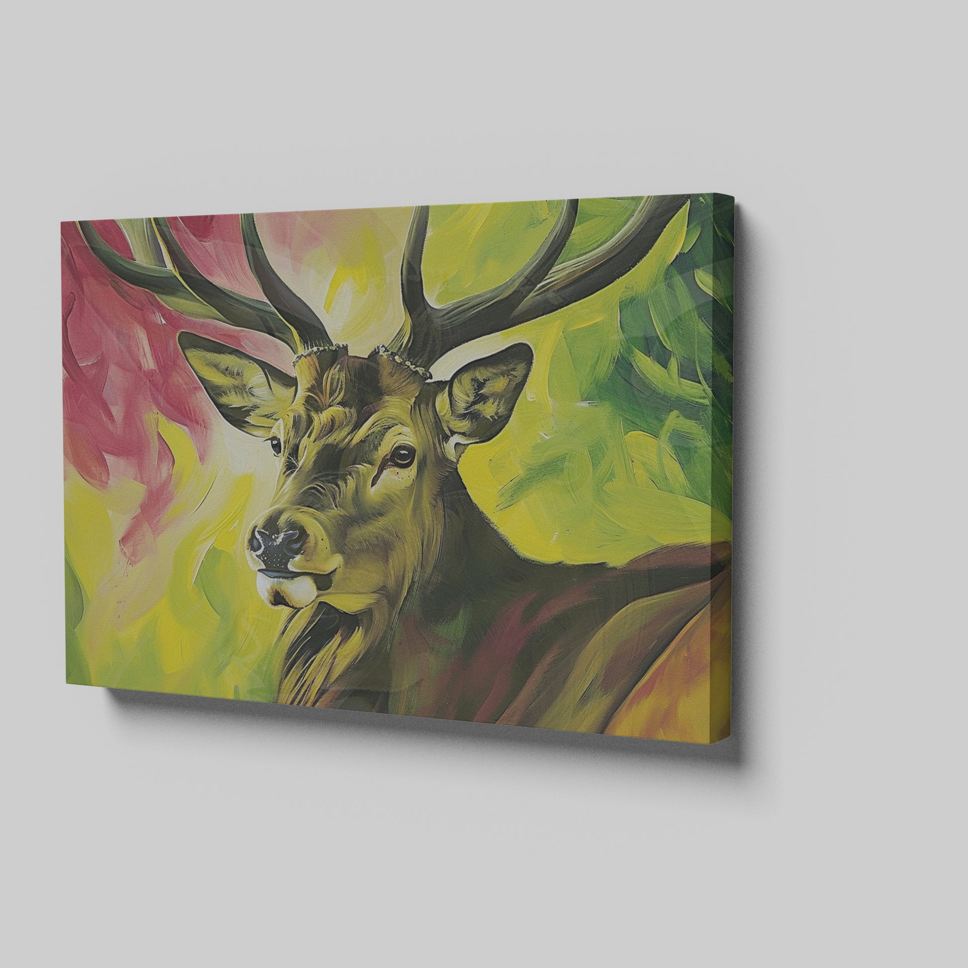 Framed canvas print of a vibrant stag painting with a multicoloured background