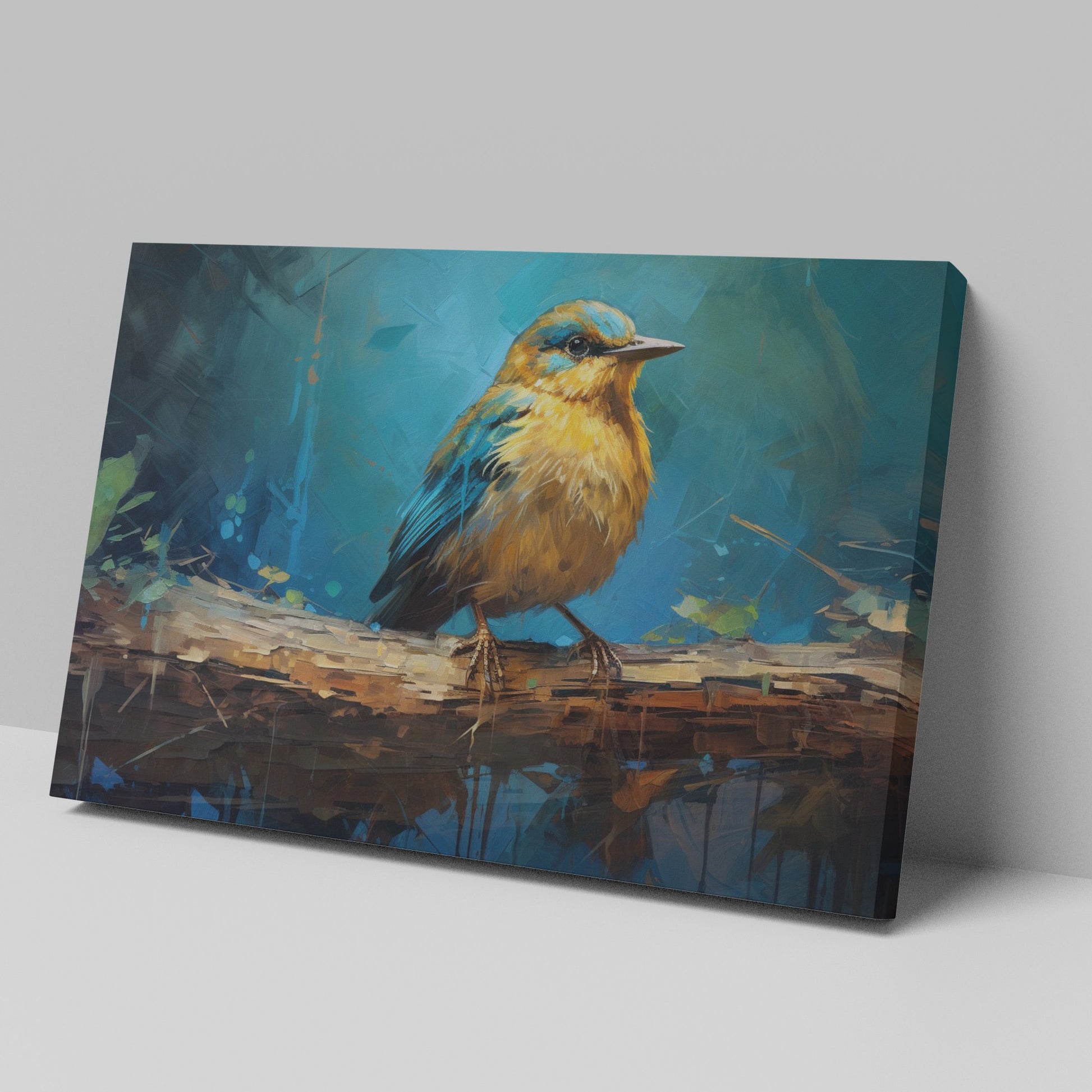 Framed canvas print of a vibrant blue and golden bird on branch with impasto texture