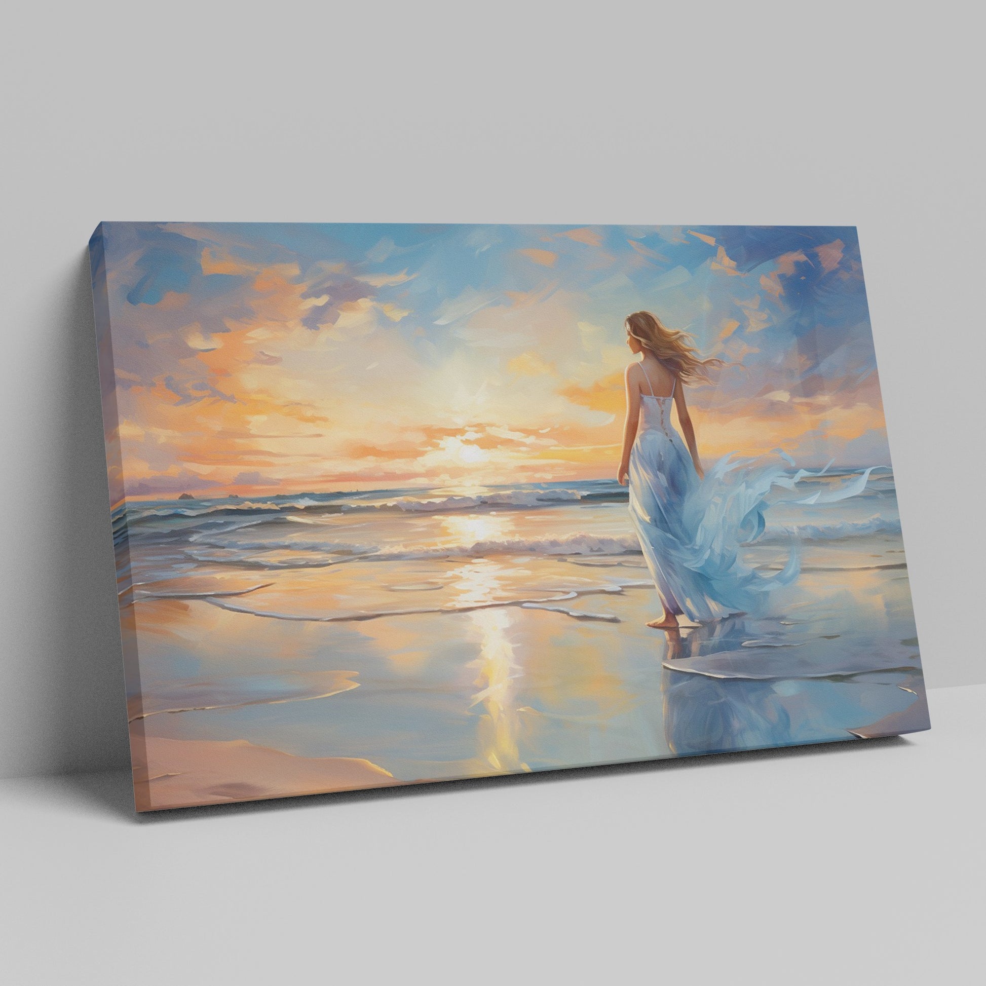 Framed canvas print of a woman in an elegant dress at sunset on a beach, with vibrant reflection in water