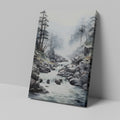 Framed canvas print of a tranquil mountain stream with misty forest backdrop